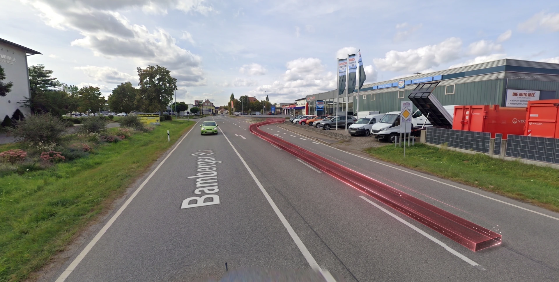 Abbiegung nach dem Bosch Car Service rechts in die Industriestraße - Anfahrt von Osten